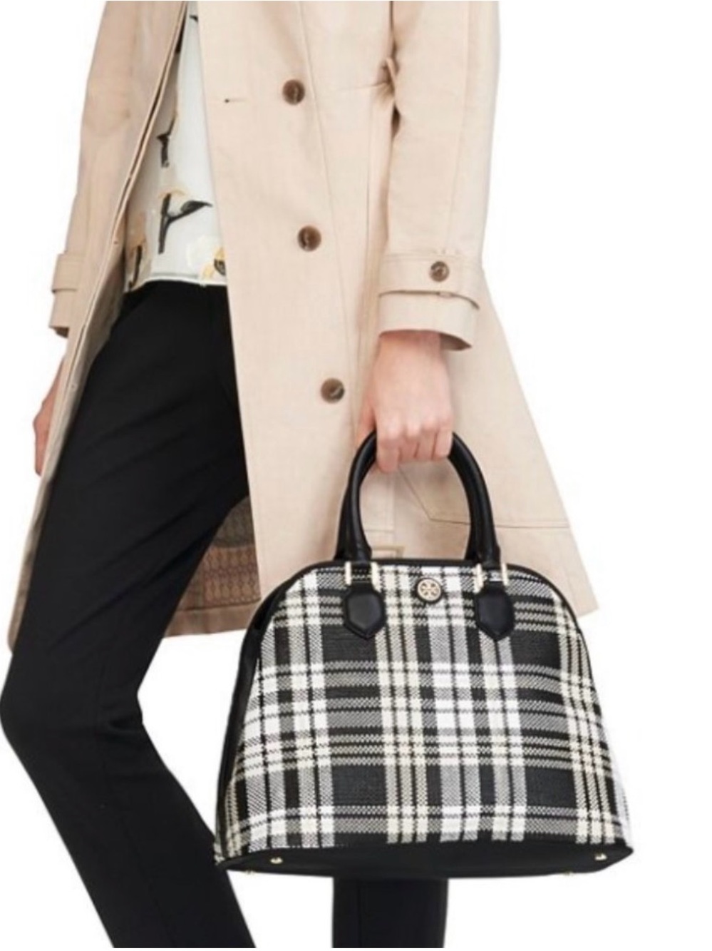 Tory Burch Robinson Woven Plaid Open Dome Satchel Black Beige White bag purse